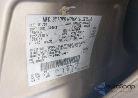 2004 Ford F-150 Lariat/Xlt z USA, uszkodzony, nr VIN 1FTPW12594KC19982